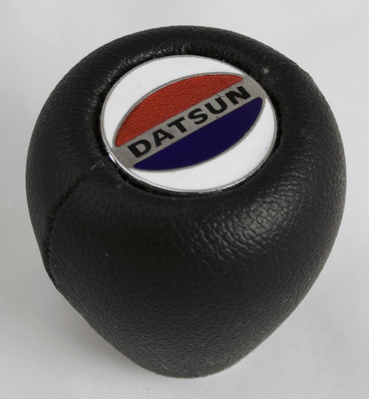 7083 8 mm Datsun logo black naugahyde shift knob new wrong logo used